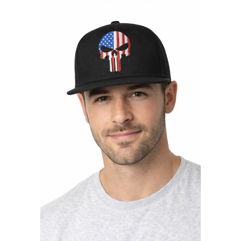 Punisher Skull American Flag Flatbill Snapback Hat Black Adjustable Cap OS